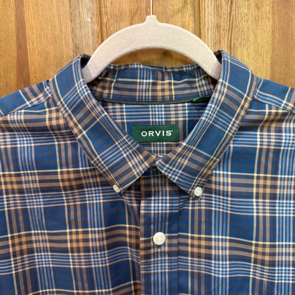 Orvis Mens Blue Tan Plaid Cotton Stretch Long Sleeve Button Down Shirt XL - Picture 2 of 8